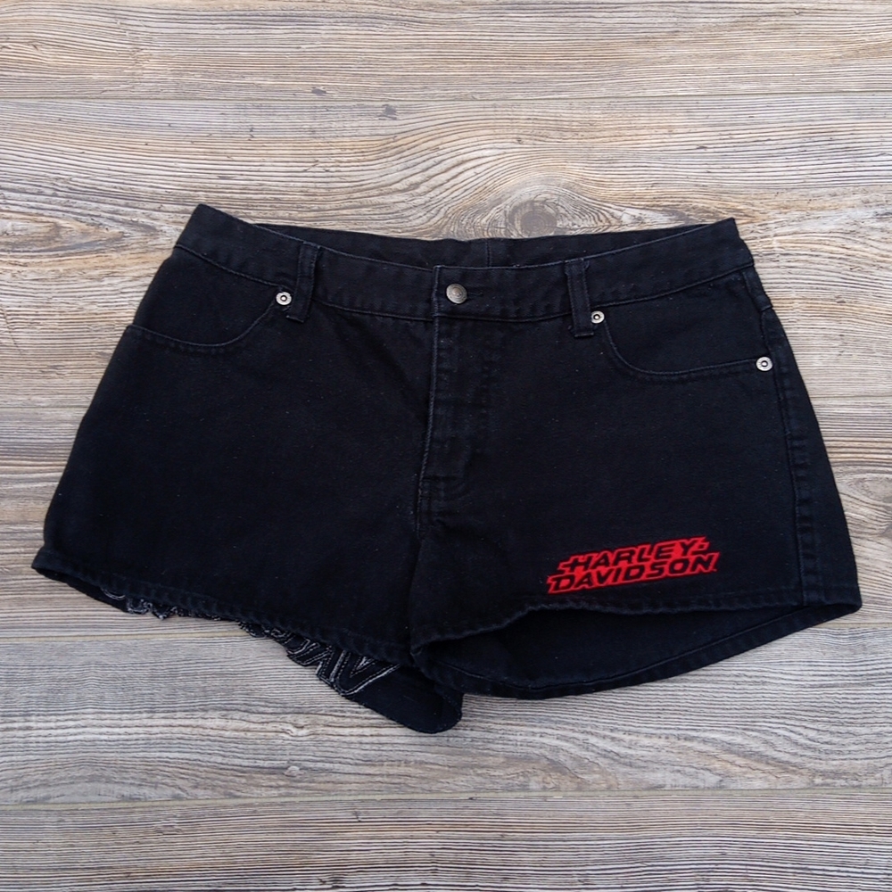 Harley Davidson Vintage  Embroidered Cut Out Black Jean Shorts